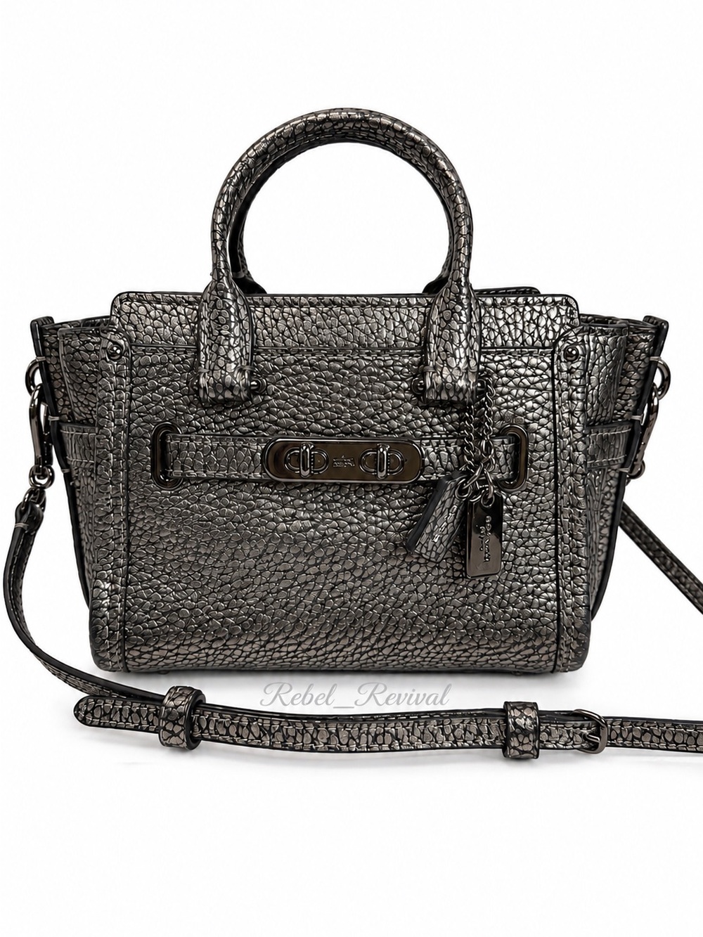 Coach Swagger Mini Gunmetal Metallic Pebbled Leather Crossbody Satchel Bag